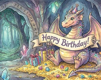 Video Dragon Birthday Ecard & Print | Animated Crystal Cave With Matching Print (Digital Download)