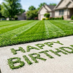 Puede incluir: Las palabras HAPPY BIRTHDAY están formadas por recortes de césped verde sobre una acera de hormigón gris claro. El texto se encuentra en primer plano, con un césped verde bien cortado y una casa residencial al fondo.