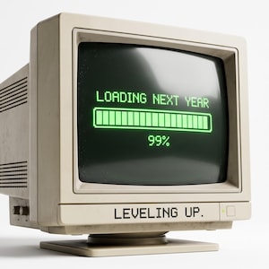 May include: A beige vintage computer monitor with a dark screen displaying a bright green loading bar, the text LOADING NEXT YEAR, 99%, and the text LEVELING UP. printed on the lower front bezel of the plastic casing.