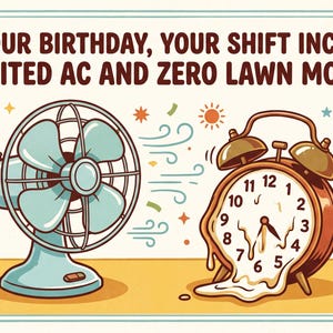 May include: A light blue electric fan blowing air toward a melting brown alarm clock. The text reads: FOR YOUR BIRTHDAY, YOUR SHIFT INCLUDES: UNLIMITED AC AND ZERO LAWN MOWING. The illustration includes small sun icons and colorful confetti.