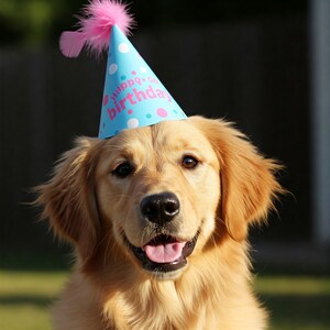 Tarjeta de felicitación imprimible con temática de mascotas, con estampado digital de perro adorable, para celebrar el cumpleaños de un golden retriever con sombrero de fiesta y serpentinas.