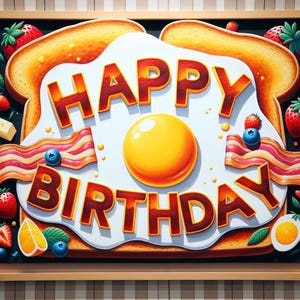 Graphique de joyeux anniversaire pour les gourmands - impression numérique à la maison, illustration d'oeufs, de bacon et de pain grillé, décoration imprimable sur le thème du petit déjeuner