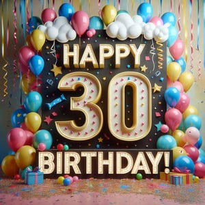 Gelukkige 30e verjaardag spandoek decoratiekaart - kleurrijke ballonnen, cadeaus en confetti leuke mijlpaal digitaal bestand afdrukbaar downloadbaar