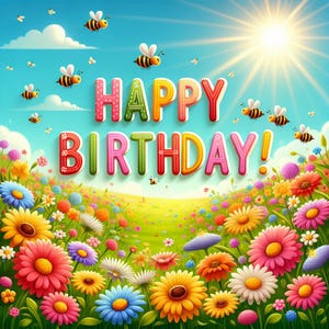 Impressão artística de feliz aniversário com flores ensolaradas - Flores silvestres coloridas, abelhas zumbindo e ilustração de sol - Decoração infantil alegre, tema de jardim