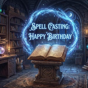 Może przedstawiać: Ilustracja biblioteki czarodzieja z półkami na książki, butelkami z eliksirami i świecącym zaklęciem. Tekst "Spell Casting: Happy Birthday" jest wyświetlany w niebieskiej, błyszczącej aurze nad otwartą książką na kamiennym cokole.