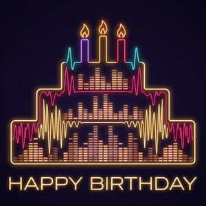 May include: A neon-style graphic of a three-tiered birthday cake against a dark background. The cake outline is formed by sound wave patterns and audio equalizer bars in shades of orange, pink, and blue. Three candles sit on top. The text HAPPY BIRTHDAY appears below.