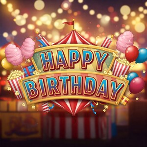 May include: A festive illustration with a circus theme. The words "HAPPY BIRTHDAY" are displayed on a banner, surrounded by popcorn, balloons, cotton candy, and a circus tent. The background features blurred lights.