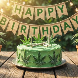 May include: A green frosted birthday cake decorated with cannabis leaves and joints, with a banner that reads "HAPPY BIRTHDAY". The cake is on a wooden table, surrounded by potted cannabis plants.