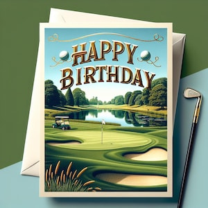 Ideia de cartão de feliz aniversário para campo de golfe para download instantâneo, download digital, arte digital, impressão para download em casa, decoração de festa de aniversário de golfista