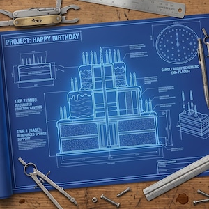 May include: A blue blueprint, labelled "PROJECT: HAPPY BIRTHDAY", shows a multi-tiered cake design with candles. Tools like a ruler, compass, and multi-tool are scattered around the blueprint on a wooden surface. The blueprint includes a "CANDLE ARRAY SCHEMATIC".