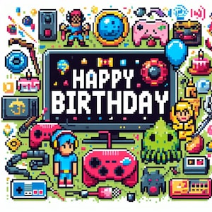 Joyeux anniversaire Gamer jeux vidéo Pixel Art téléchargement immédiat affiche bannière carte téléchargeable impression à la maison décoration de fête coloré rétro audacieux