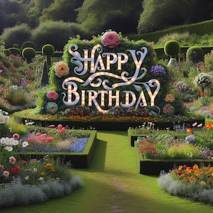 Cartão de Feliz Aniversário "Jardim Encantado", Arranjo Floral Excêntrico, Folhagem Inspirada em Buxus | Download Digital, Impressão em Casa