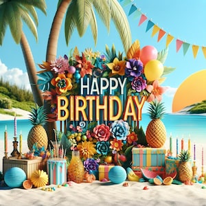 May include: A colourful birthday scene on a sandy beach. The image features a sign saying "HAPPY BIRTHDAY" surrounded by flowers, balloons, and tropical fruits. Pineapples, candles, and gifts add to the festive atmosphere.