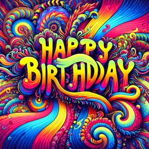Impressão artística psicodélica vibrante de Feliz Aniversário - Redemoinhos coloridos, design moderno, presente de aniversário exclusivo, impressão digital para download em casa retrô