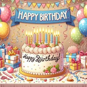 Happy Birthday Cake Candles Banner Digital Print At Home Cute Colorful Bday Wishes Email Printable Instant Download Downloadable File