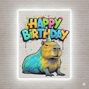 May include: A colorful birthday-themed illustration featuring a capybara wearing a party hat. The words "HAPPY BIRTHDAY" are written in graffiti-style lettering above the capybara. The capybara is painted with blue and yellow accents, set against a white brick wall.