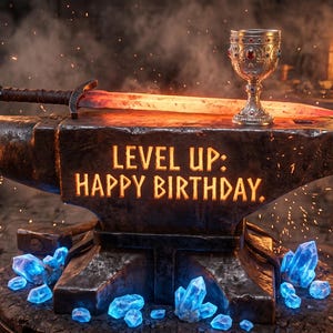 May include: Anvil with the text "LEVEL UP: HAPPY BIRTHDAY" illuminated in orange. A glowing sword and ornate goblet rest on the anvil. Blue crystals are at the base, with a fiery forge in the background.