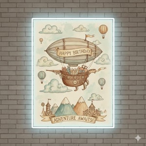 May include: A charming illustration of a hot air balloon with a banner saying "Happy Birthday." Below, a banner reads "Adventure Awaits!" The artwork includes clouds, mountains, and other hot air balloons, set against a light blue sky.