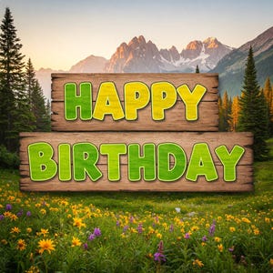 Carte numérique extérieure de paysage de montagne de joyeux anniversaire | Carte de voeux d'anniversaire en bois rustique | Thème de la nature imprimable à téléchargement immédiat