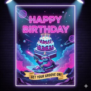 以下が含まれることがあります： ネオンピンクの文字でHAPPY BIRTHDAYと書かれた長方形のポスター。その下には、火のついたキャンドルが乗った2段ケーキ、サングラスとパーティーハットを身につけ、レーザー銃を備えた未来的な乗り物を操縦するナマケモノが描かれている。テキストはGET YOUR GROOVE ON!