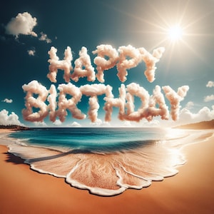 Tarjeta digital de cumpleaños con diseño de sol, nubes, playa y agua azul. Descarga instantánea e imprime en casa. Decoración para fiestas.