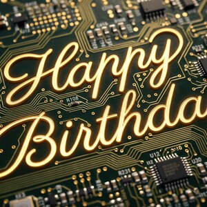 Gold Circuit Board Happy Birthday Print | Glowing Tech Wall Art | Computer Nerd Typography Ecard (Digital Download)