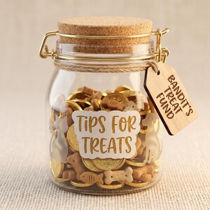 May include: A clear glass jar filled with dog treats and gold-colored coins. The jar has a cork lid and a wooden tag that reads "Bandit's Treat Fund." The jar also has a sticker that says "Tips for Treats."