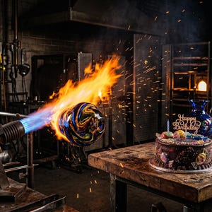 Könnte beinhalten: Ein Glasbläserbrenner mit orange-blauer Flamme erhitzt eine blau, gelb und schwarz marmorierte Glaskugel. Daneben steht ein Schokoladen-Geburtstagskuchen mit Happy Birthday-Schriftzug auf einem Holztisch neben verschiedenen bunten Glasvasen.
