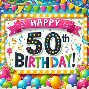 May include: A festive birthday sign featuring a marquee-style frame with glowing lights, a pink banner reading HAPPY, and the number 50 in black with colorful dots. The word BIRTHDAY is displayed in multicolored letters, surrounded by balloons.