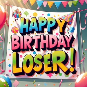Feliz Aniversário, Perdedor! Faixa Engraçada de Aniversário para Adultos | Decoração de Festa Sarcástica para Amigos e Família | Placa de Presente de Piada Exclusiva - Impressão Digital