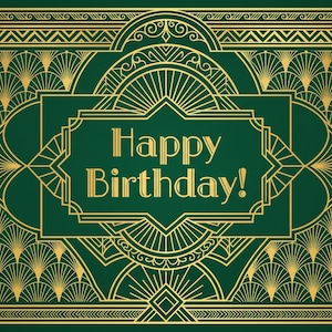 Happy Birthday Print: Emerald Green Gatsby Style Art Deco Gift Backdrop Printable (Digital Download)