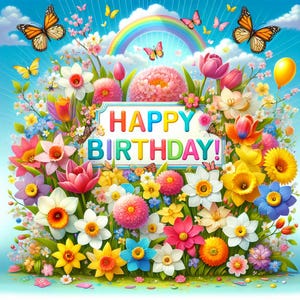 Happy Birthday Print - Frühlingsblumen, Schmetterlinge, Regenbogen, bunte helle, druckbare Wandkunst, sofortiger Download, Feier Dekor digital