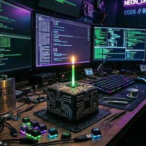 May include: A computer-themed birthday cake with a lit green candle sits on a desk surrounded by computer monitors displaying code. A flask with the text "MIDNIGHT FUEL" is visible, along with a keyboard, mouse, and other tech accessories. The neon sign reads "NEON DREAMS CODE // BREW".