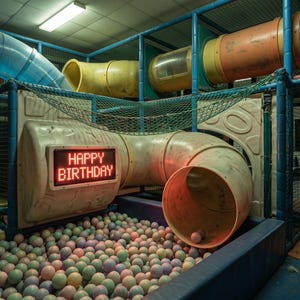 May include: An indoor playground structure featuring a ball pit filled with pastel-colored plastic balls, connected to various plastic tunnels in blue, yellow, and orange. A rectangular sign with a black background displays the text HAPPY BIRTHDAY.