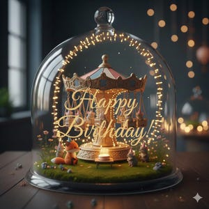 May include: A glass cloche containing a miniature carousel with hanging animal figures, a small birthday cake with lit candles, and a fox and mice wearing party hats on a grassy base, with the text Happy Birthday written in gold script.