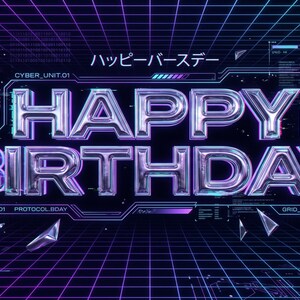 May include: A digital graphic featuring the text HAPPY BIRTHDAY in metallic, chrome-like 3D letters. The background is a dark blue and purple grid with neon lines, floating geometric shards, and technical text including CYBER_UNIT.01.