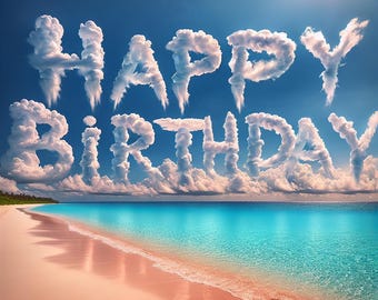 Beach Birthday Card Print: Cloud Lettering Printable Decor (digital ...