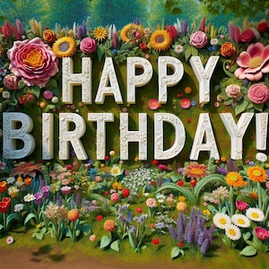 Cartão com estampa floral exuberante "Feliz Aniversário" - Design vibrante de jardim, perfeito para comemorações de aniversário. Download digital para impressão.