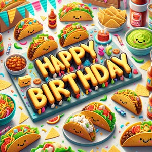 Vamos comemorar seu aniversário com um taco! Cartão de felicitações fofo de desenho animado para festa de taco - Presente exclusivo para amantes da gastronomia, decoração e sinalização para download