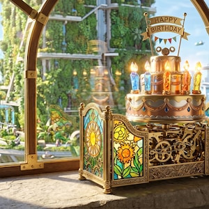 May include: A mechanical music box featuring a tiered birthday cake with lit candles and a Happy Birthday banner, set upon a base with intricate gold metalwork and colorful stained glass panels depicting suns and foliage in a window setting.