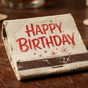 Può includere: Un libretto di fiammiferi in cartone in stile vintage con un esterno usurato color bianco sporco. La parte anteriore presenta la scritta "HAPPY BIRTHDAY" stampata in grassetto rosso, accentuata da piccole stelle rosse sopra una striscia abrasiva.
