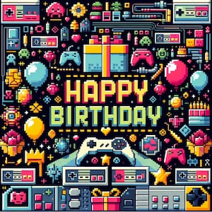 Joyeux anniversaire Gamer jeux vidéo Pixel Art téléchargement immédiat affiche bannière carte, impression téléchargeable à la maison décoration de fête coloré rétro audacieux