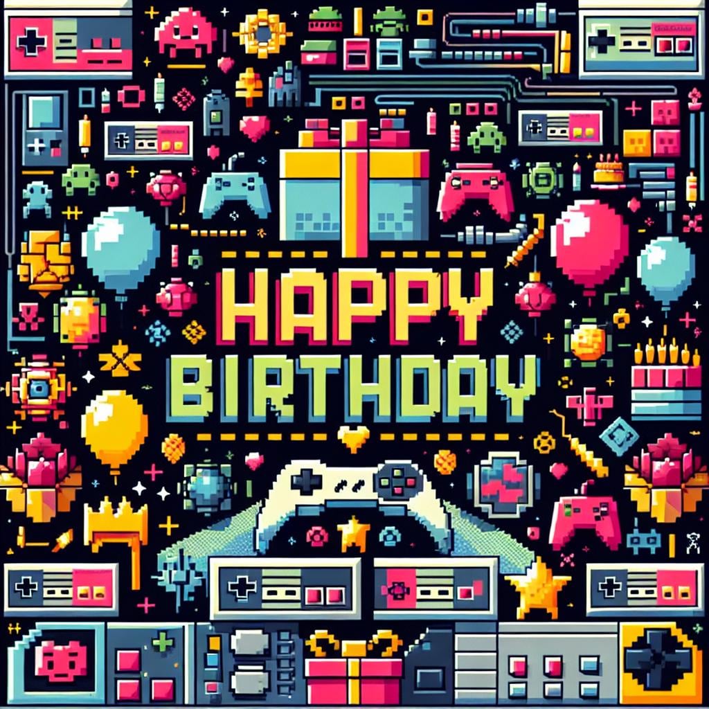 Happy Birthday Gamer Video Gaming Pixel Art Instant Download Poster Banner Card, Downloadable Print At Home Party Decor Colorful Bold Retro