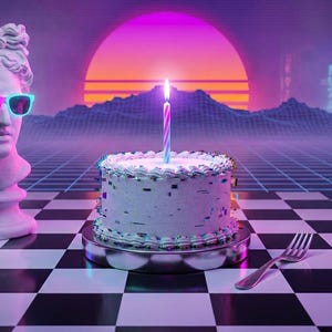 Könnte beinhalten: Eine weiße Büste einer klassischen Figur mit neonpinker und blauer Sonnenbrille, neben einem weiß glasierten Kuchen mit einer brennenden Kerze und einer silbernen Gabel, vor einer digitalen Gitterlandschaft mit einer großen leuchtenden Sonne.