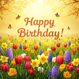 Impressão floral de feliz aniversário - tulipas amarelas, flores silvestres, borboletas, decoração de parede de aniversário colorida, cartão eletrônico para impressão, download instantâneo fofo