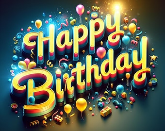 May include: A three-dimensional graphic design featuring the text Happy Birthday in yellow letters with red, blue, and green layered edges. The composition is surrounded by colorful floating balloons, small gift boxes, and swirling confetti.