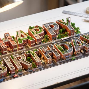 May include: A miniature 3D model of a city street layout forming the words HAPPY BIRTHDAY, featuring brick buildings, green parks, roads, and tiny vehicles. The structure is displayed on a white desk with a metal ruler and drafting tools nearby.