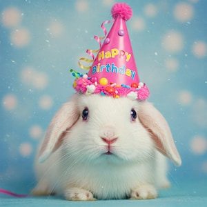 Schattig verjaardagskonijntje digitale print - schattig konijn met feestmuts muurkunst - Instant download decor kinderkamer - lief feestdier