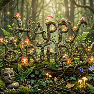 May include: The text HAPPY BIRTHDAY formed from gnarled tree branches covered in green moss, small red mushrooms, and snails. The scene includes three wrapped gift boxes, a stone face sculpture, and hanging glass lanterns in a forest setting.