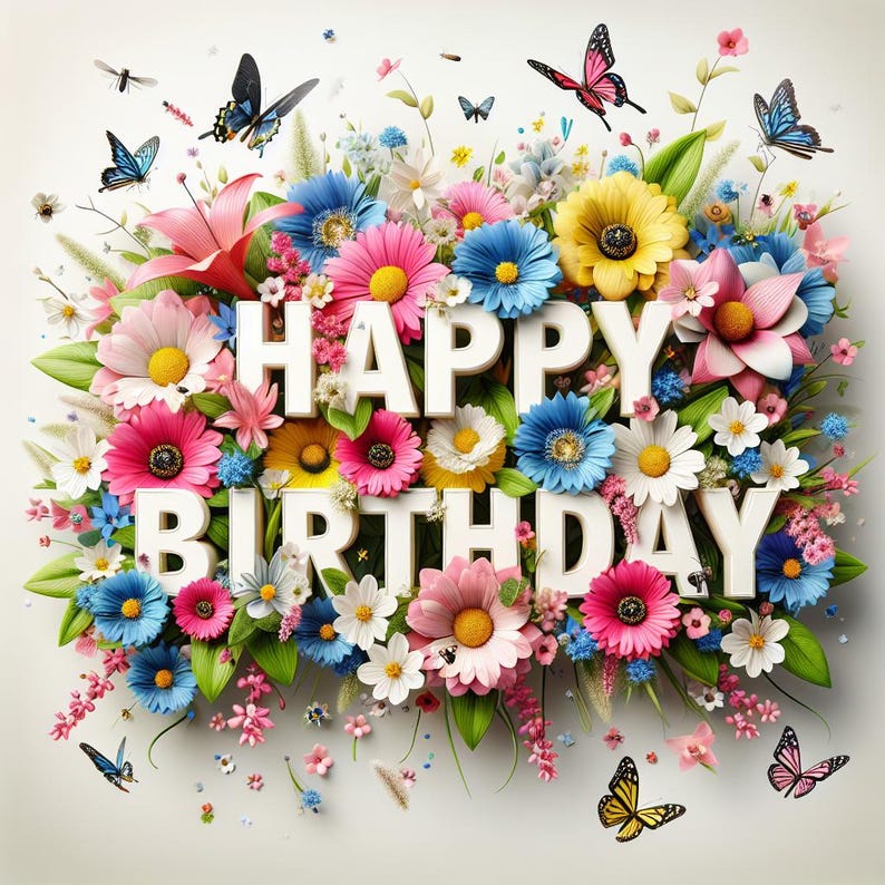 May include: A colorful floral arrangement with the words "Happy Birthday" spelled out in white letters. The flowers are made of paper and are arranged in a circle. There are butterflies scattered around the flowers.